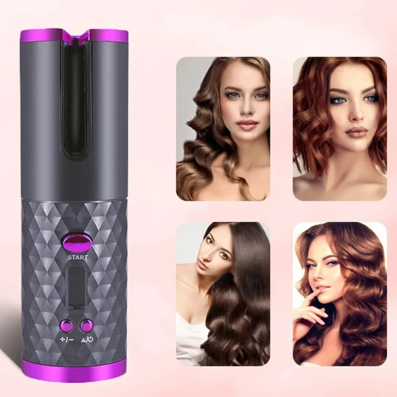 Cordless Automatic Wireless Hair Curler Rotating Handheld Function LCD Display